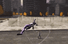 a man in a purple superhero costume is jumping in the air