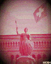 a statue of liberty holding a flag in front of a striped background
