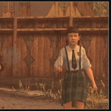 a girl in a plaid skirt and suspenders has the letter i on her shirt