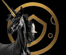 a black unicorn with a gold horn is in front of a gold circle