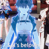 a glowing anime character with the words sol 's beloved written below her