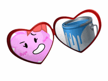 a pink heart with a bow and a blue paint bucket