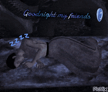 a picture of a man sleeping with the words goodnight my friends below him