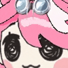 a close up of a cartoon character with pink hair and goggles on her head .