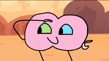 a pink cartoon character with glasses and green eyes is smiling .