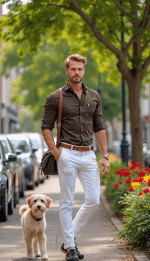 a man walking a dog on a sidewalk with flowers in the background