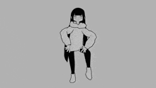 a black and white drawing of a girl with long hair and a hoodie dancing .