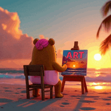 a teddy bear in a pink diaper is painting a picture on the beach