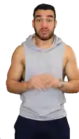a man with a beard wearing a grey tank top with a hood