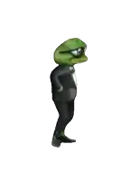a green frog in a tuxedo and sunglasses is dancing .