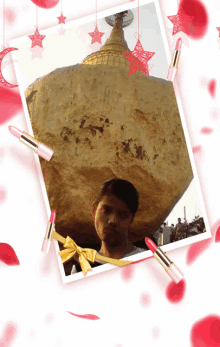 a picture of a man with a large rock on his head surrounded by pink lipsticks