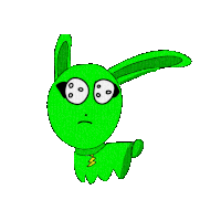 a cartoon drawing of a green rabbit with a lightning bolt necklace