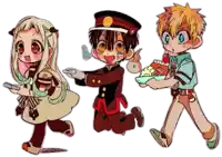 three anime characters are standing next to each other with one holding a popcorn box