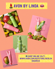 a collage of avon by linda products including kiwi and mango