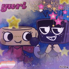 a couple of cartoon characters with yuri written on the top