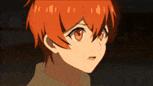 a close up of an anime character with red hair and orange eyes