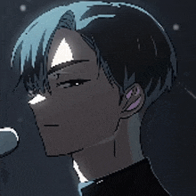 a drawing of a man with blue hair and a triangle on his forehead
