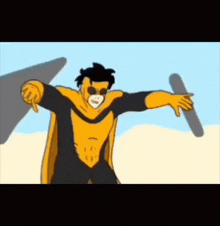 a cartoon of a man in a yellow and black superhero costume holding a sword .