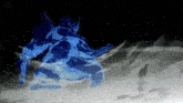 a silhouette of a man standing in front of a giant blue samurai