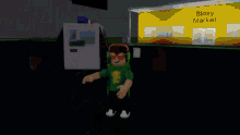 a video game character is standing in front of a yellow building that says bloxy market