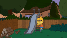 bart simpson is playing on a slide in the backyard