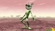 a cartoon character with glasses and a sweater on his head is dancing on a pink background