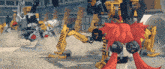 a cartoon character with red hair stands in front of a bunch of robots