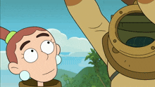 a cartoon character with a ponytail and earrings looks up at something