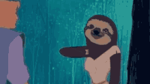 a cartoon sloth is wearing a dress and standing next to a man .