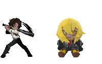 a cartoon of a man and a woman fighting with a sword