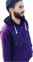 a man with a beard wears a purple jacket that says rs 0.5 on it