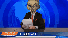 a news anchor with a cat 's head is sitting at a desk with a sign that says it 's friday