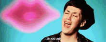 a man in a hat is making a funny face and says `` oh hell no '' .
