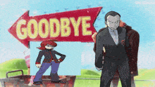 a man in a suit stands in front of a goodbye sign