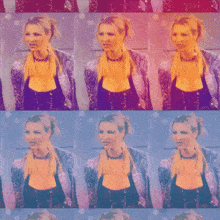a collage of images of a woman with a ponytail