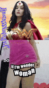 a woman in a wonder woman costume with the words if i 'm wonder woman
