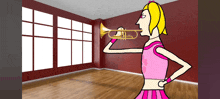 a cartoon of a girl playing a trumpet in a room