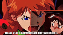 a cartoon character with the words aki and atlas real purple heart did n't work shhh on it