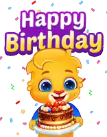 a cartoon bear is holding a birthday cake with the words happy birthday behind it