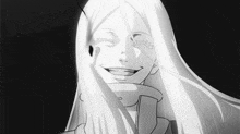 a black and white drawing of a woman with long white hair making a funny face