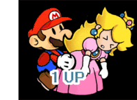 a cartoon of mario and princess peach with the letter m on the hat