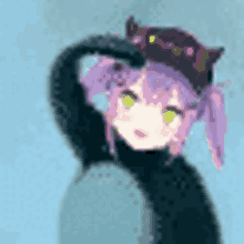 a girl with purple hair and green eyes is wearing a cat hat and making a heart shape with her hand .