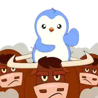 a cartoon penguin is standing on top of a bull