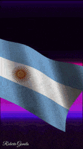 a blue and white flag with a sun on it and the name roberto gomila on the bottom