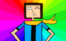 a cartoon character with a scarf around his neck stands in front of a colorful background