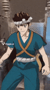 a man wearing a blue shirt and a headband with the word viggle.ai on the bottom