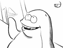 a black and white drawing of a cartoon character with a big smile on his face