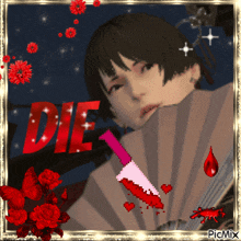 a picture of a girl with a fan and the word die in red