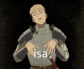 a man in armor holds his hands to his chest and the word isa is on his chest