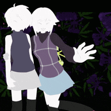 a cartoon of two girls standing next to each other with purple flowers in the background